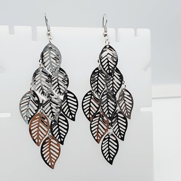 Silver Leaf Cascade Dangle Earrings, AZFA1149 - Picture 1 of 10